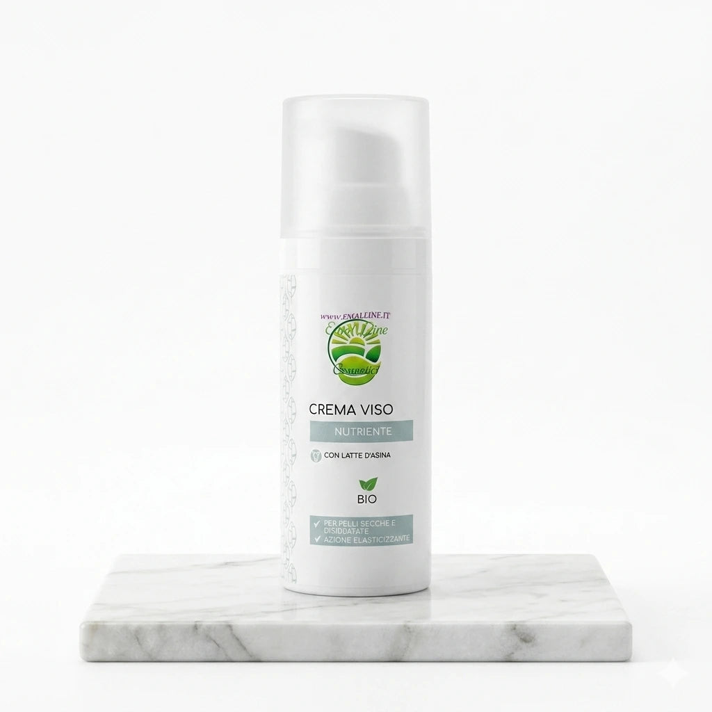 Foto di copertina per Shopify del flacone da 50ml di Crema Viso Nutriente al Latte d'Asina BIO EmalLine, centrato su piano di marmo bianco naturale con sfondo bianco assoluto.