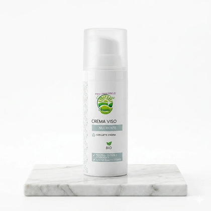 Foto di copertina per Shopify del flacone da 50ml di Crema Viso Nutriente al Latte d'Asina BIO EmalLine, centrato su piano di marmo bianco naturale con sfondo bianco assoluto.