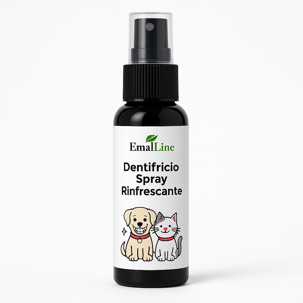 Dentifricio Spray Rinfrescante EmalLine – flacone nero con etichetta bianca minimal e disegno cane e gatto. Spray orale per animali, fresco e naturale.