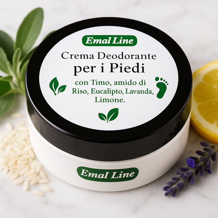 Crema Deodorante Piedi Emal Line – pack premium con ingredienti naturali salvia, riso, lavanda e limone.