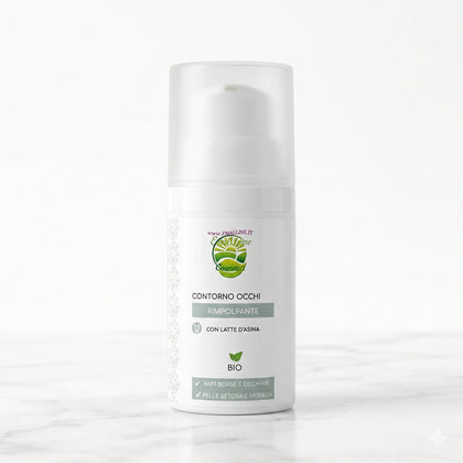 Foto di copertina per Shopify del flacone airless da 30ml di Crema Contorno Occhi Rimpolpante al Latte d'Asina BIO EmalLine, centrato su piano di marmo bianco naturale con sfondo bianco assoluto.