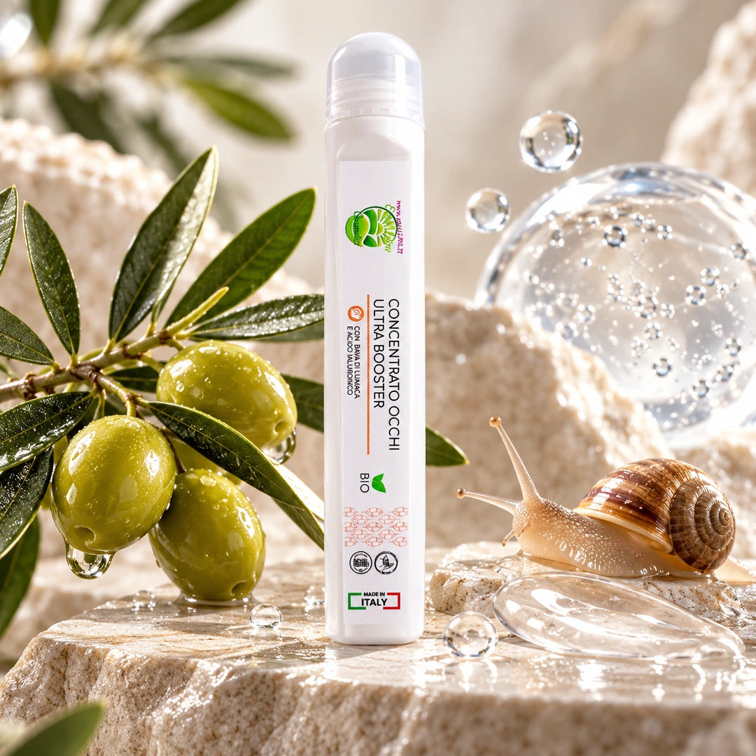 Concentrato Occhi Ultra Booster EmalLine 10 ml tra olive, foglie di olivo, lumaca e gel trasparente che richiama l&