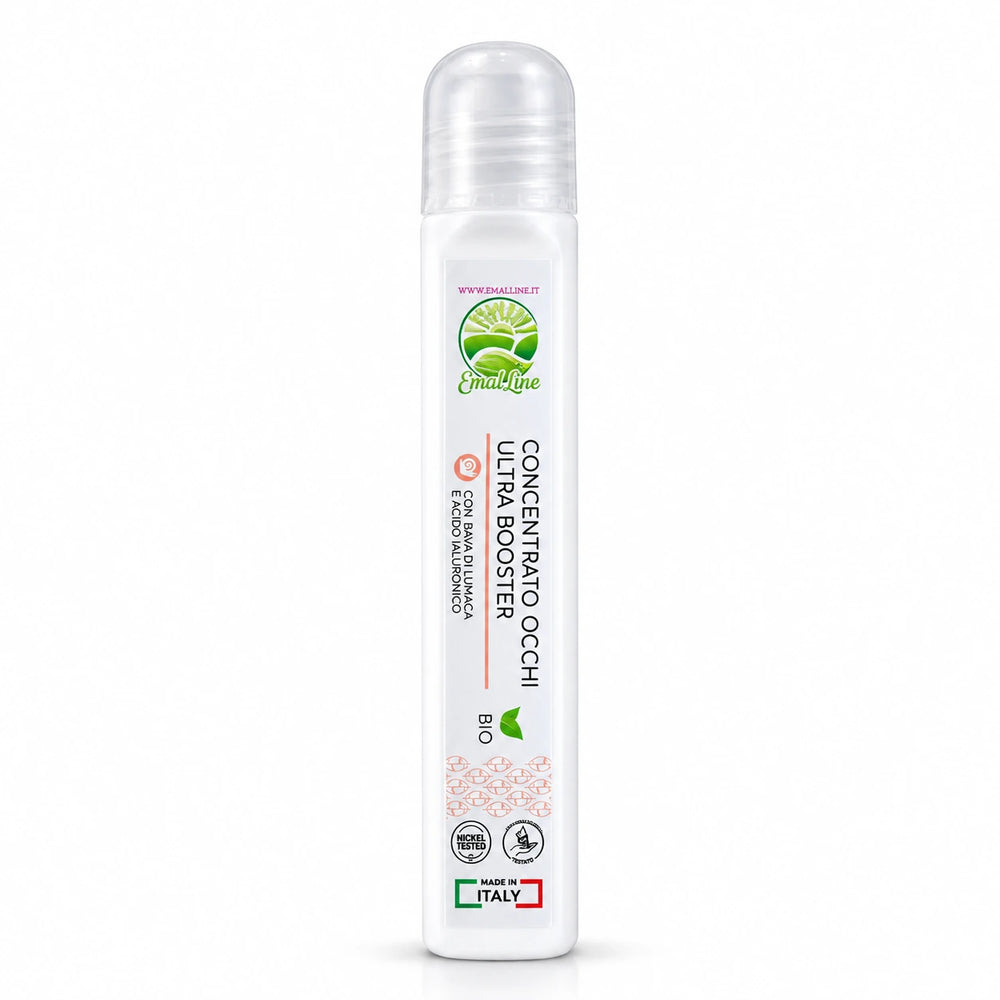 EmalLine Concentrato Occhi Ultra Booster 10 ml con bava di lumaca e acido ialuronico, applicatore roll-on, su sfondo bianco.