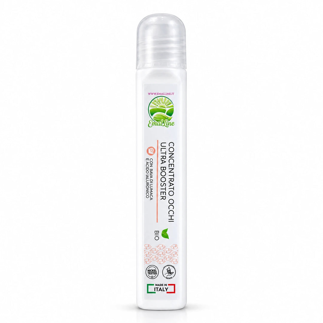 EmalLine Concentrato Occhi Ultra Booster 10 ml con bava di lumaca e acido ialuronico, applicatore roll-on, su sfondo bianco.