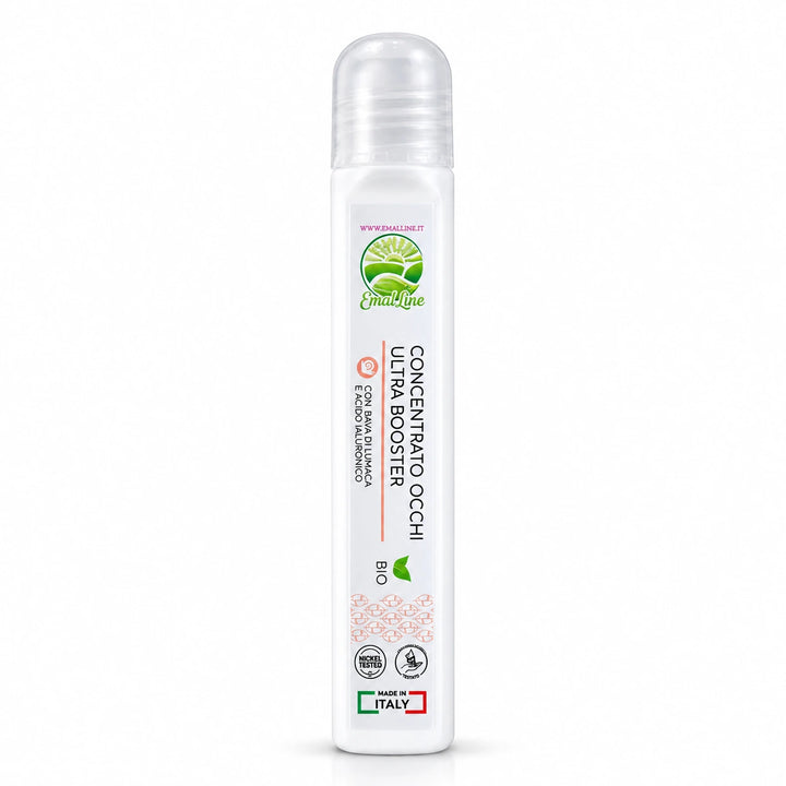 EmalLine Concentrato Occhi Ultra Booster 10 ml con bava di lumaca e acido ialuronico, applicatore roll-on, su sfondo bianco.