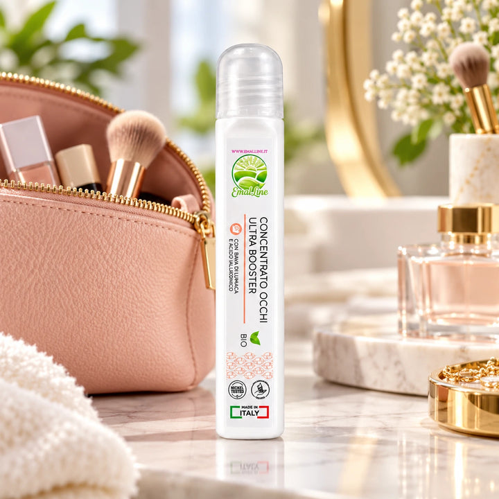 Concentrato Occhi Ultra Booster EmalLine 10 ml con bava di lumaca e acido ialuronico, fotografato accanto a una borsetta beauty per evidenziare il pratico formato da portare sempre con sé.