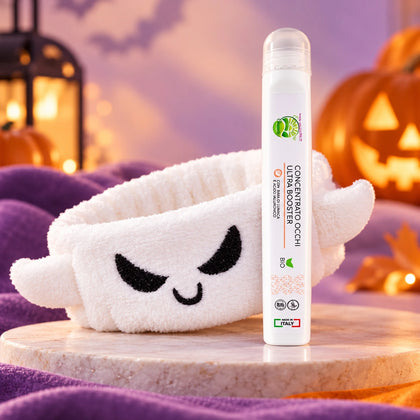 Concentrato Occhi Ultra Booster EmalLine 10 ml con bava di lumaca e acido ialuronico, accanto alla fascia capelli fantasma Halloween in omaggio.
