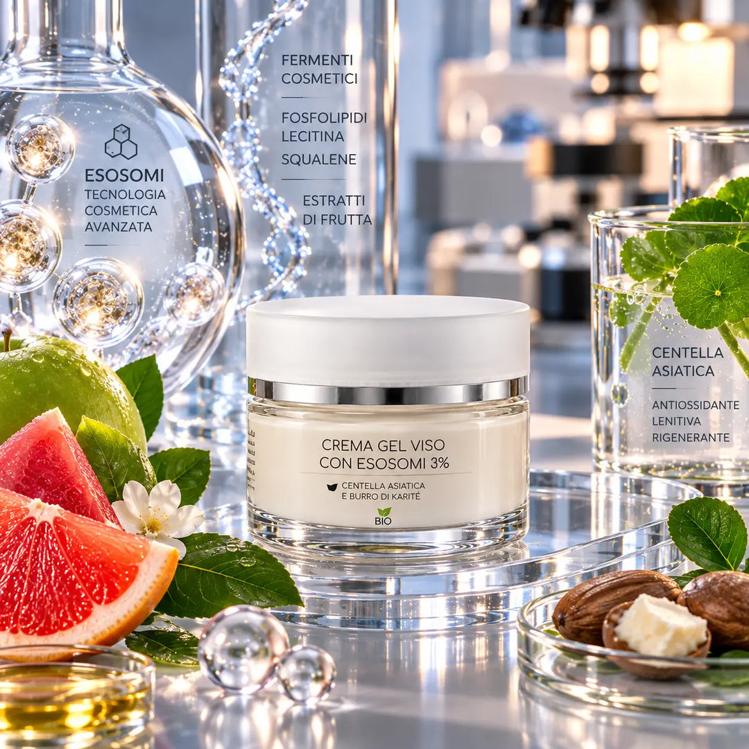 Crema Gel Viso EmalLine Esosomi 3% in un laboratorio cosmetico blu notte, con richiami a fermenti, fosfolipidi, lecitina e squalene
