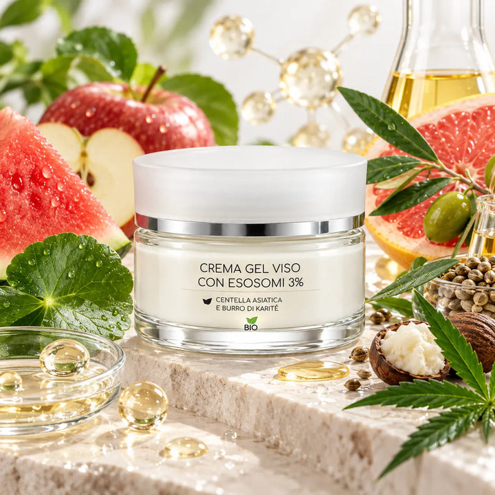 Crema Gel Viso EmalLine Esosomi 3% da 50 ml, fotografata con mela, anguria, pompelmo, foglie botaniche e richiami agli ingredienti della formula.