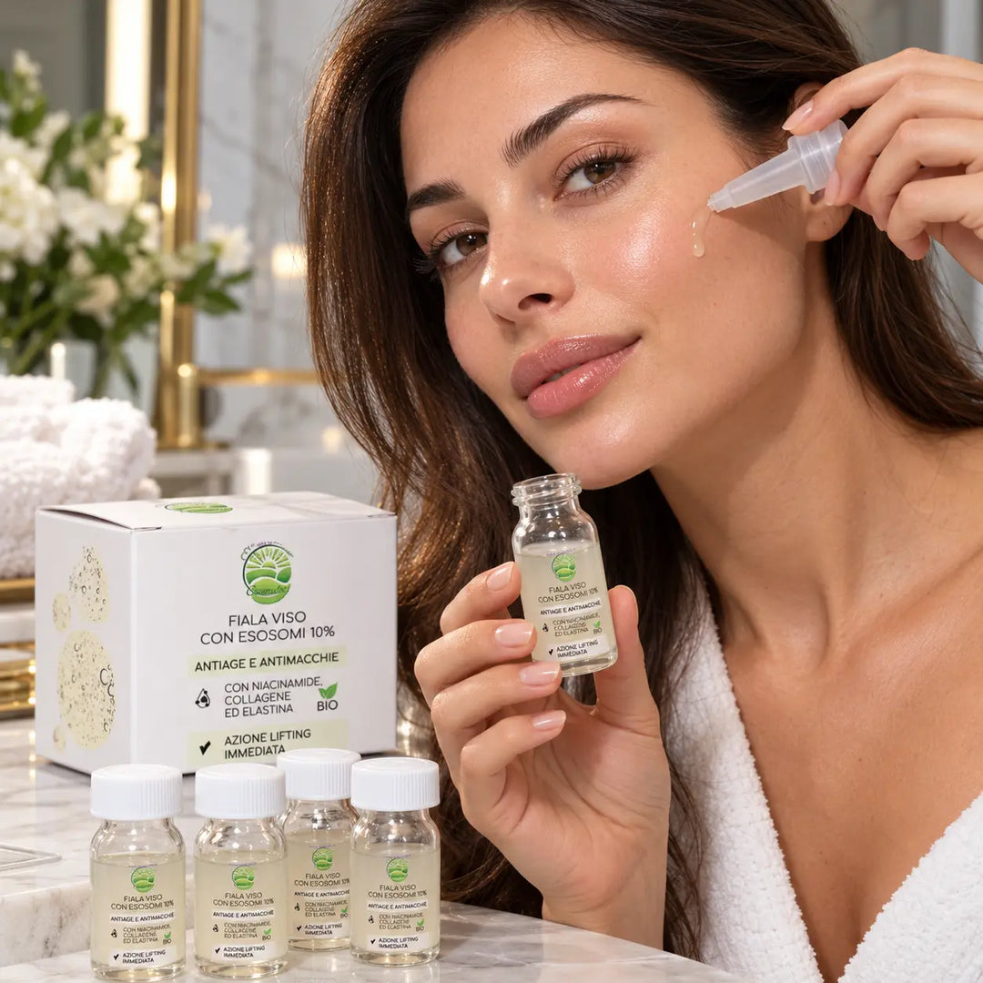 Donna durante la skincare viso con il siero Esosomi 10% EmalLine, una goccia sulla guancia e la fiala da 5 ml accanto alla confezione.