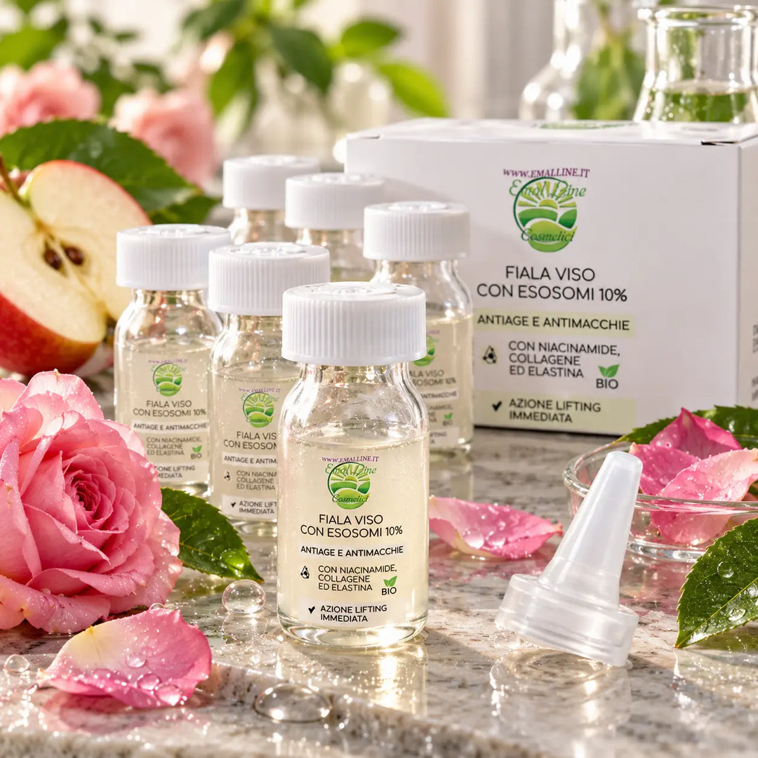 Fiale Viso Esosomi 10% EmalLine con confezione, mele fresche, rose rosa e petali, ingredienti botanici presenti nella formulazione.