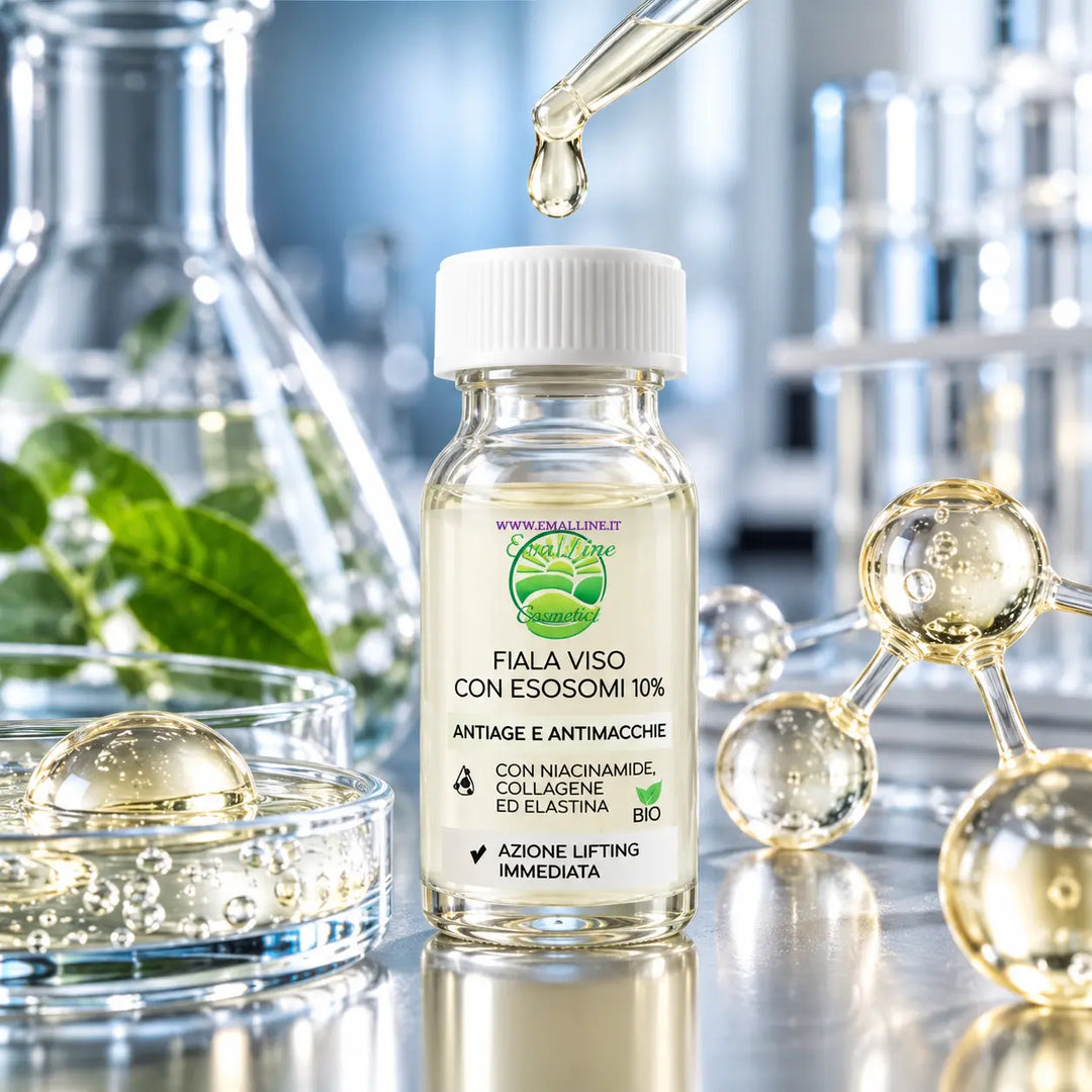Fiala Viso Esosomi 10% EmalLine ambientata in un laboratorio cosmetico con una goccia di siero, strumenti scientifici e rappresentazioni molecolari.