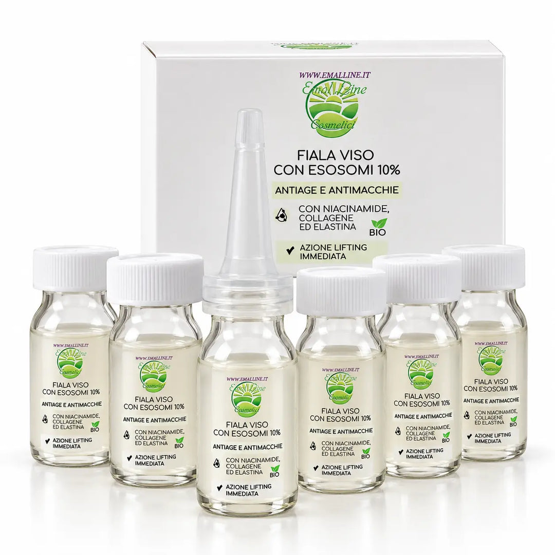 Confezione EmalLine Fiale Viso Esosomi 10% con sei fiale in vetro da 5 ml, una con dosatore applicatore, fotografate su sfondo bianco.