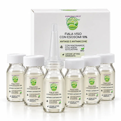 Confezione EmalLine Fiale Viso Esosomi 10% con sei fiale in vetro da 5 ml, una con dosatore applicatore, fotografate su sfondo bianco.