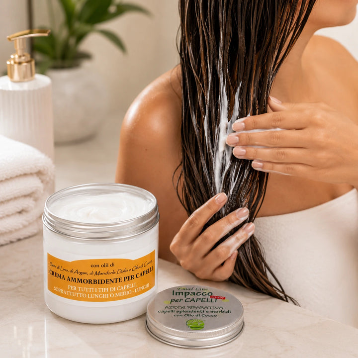 Donna che applica EmalLine Impacco per Capelli al Cocco 500 ml sui capelli umidi, con texture cremosa visibile e vasetto aperto in ambiente spa luminoso.