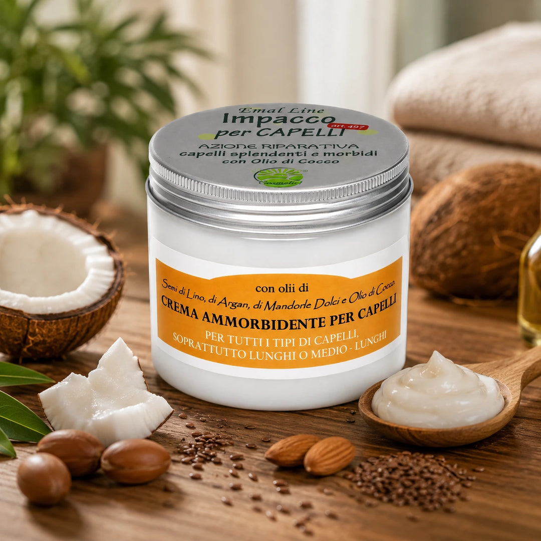 EmalLine Impacco per Capelli al Cocco con olio di argan, semi di lino e mandorle dolci ambientato con ingredienti naturali e texture cremosa in stile spa.