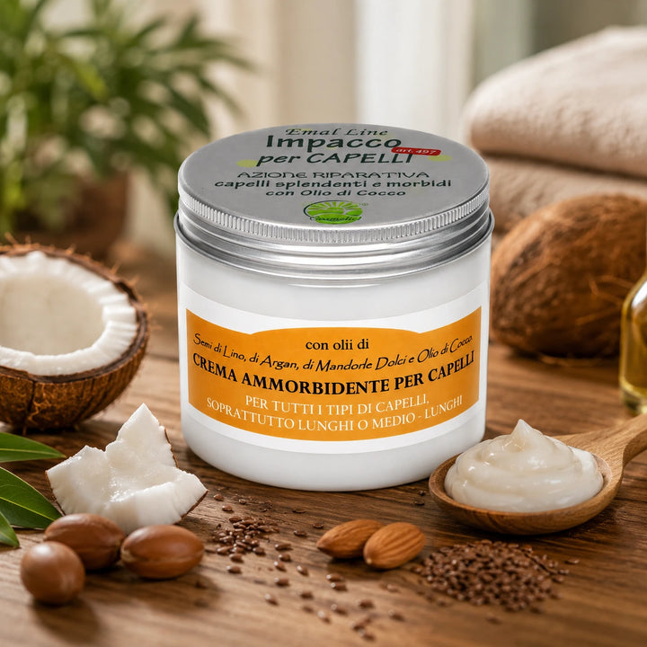 EmalLine Impacco per Capelli al Cocco con olio di argan, semi di lino e mandorle dolci ambientato con ingredienti naturali e texture cremosa in stile spa.