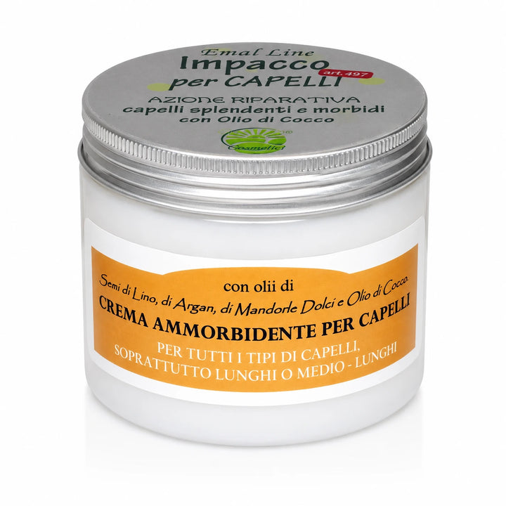 EmalLine Impacco per Capelli al Cocco con olio di argan, semi di lino e mandorle dolci confezione frontale su sfondo bianco puro.