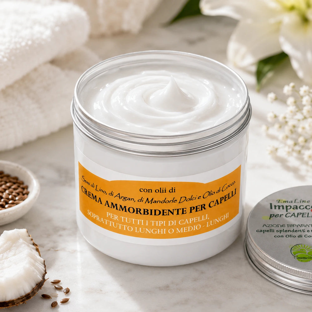 EmalLine Impacco per Capelli al Cocco 500 ml aperto con texture cremosa bianco brillante, arricchito con olio di cocco, argan, semi di lino e mandorle dolci.