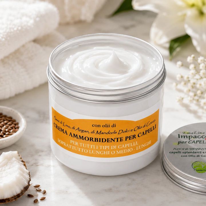 EmalLine Impacco per Capelli al Cocco 500 ml aperto con texture cremosa bianco brillante, arricchito con olio di cocco, argan, semi di lino e mandorle dolci.