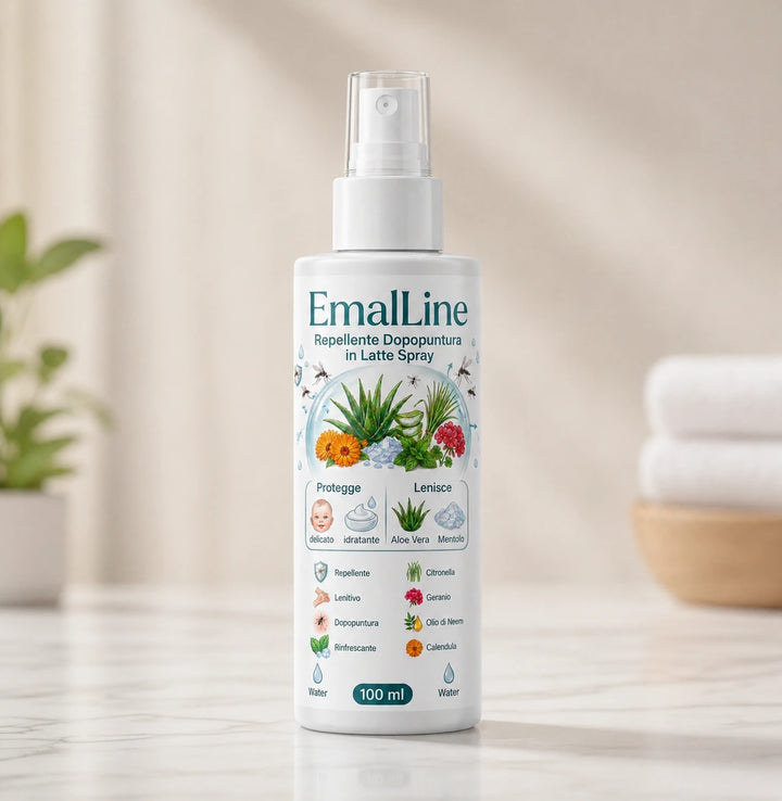 EmalLine Repellente Dopopuntura in Latte Spray 100 ml in ambiente luminoso con sfondo naturale e utilizzo quotidiano all&