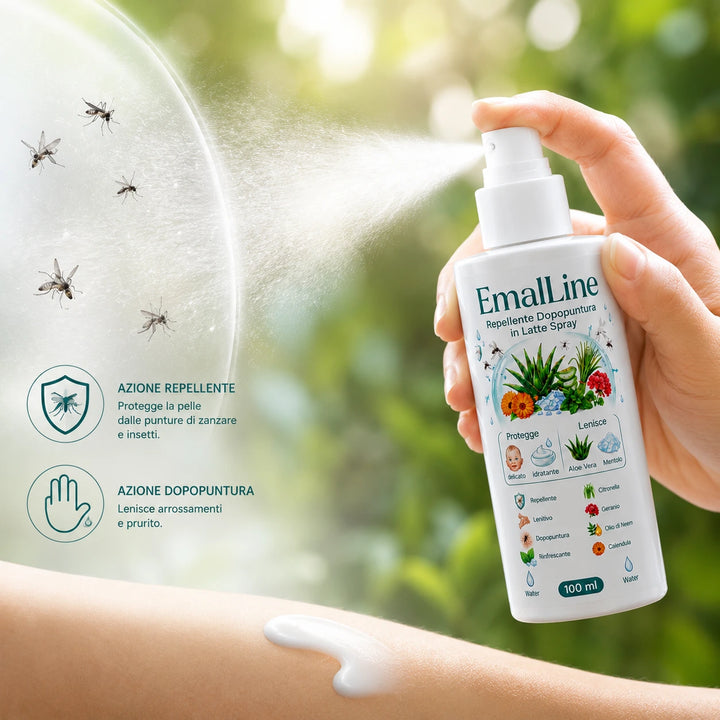 EmalLine Repellente Dopopuntura in Latte Spray 100 ml nebulizzato sulla pelle con effetto barriera contro gli insetti e azione lenitiva dopopuntura.