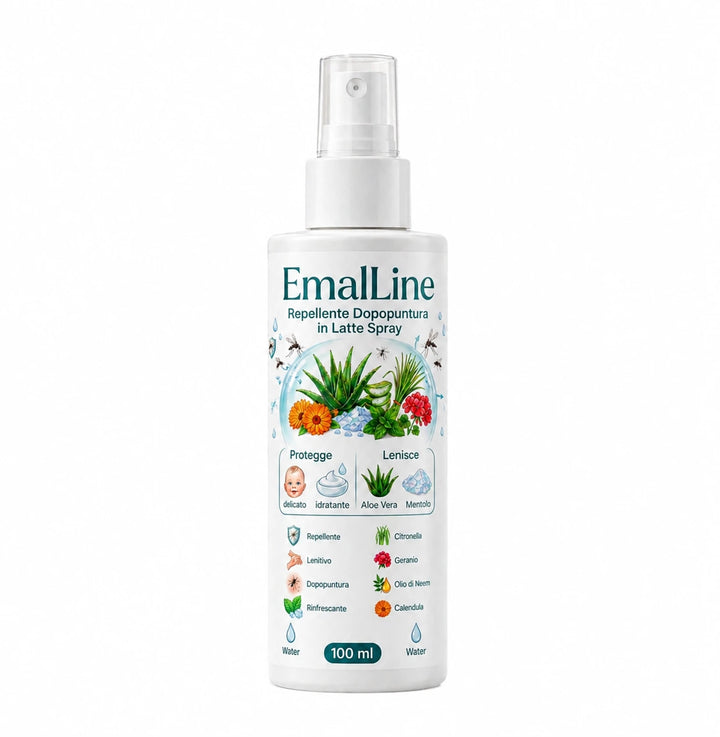 EmalLine Repellente Dopopuntura in Latte Spray 100 ml confezione frontale su sfondo bianco con ingredienti naturali lenitivi e repellenti.