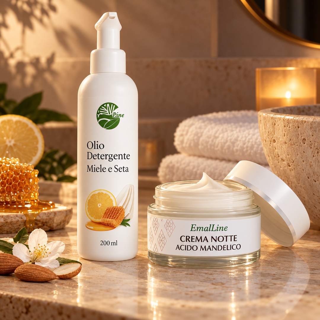 Rituale Notte Uniformante EmalLine con olio detergente Miele e Seta e crema notte al mandelico