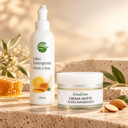 Rituale Notte Uniformante EmalLine con Olio Detergente Miele e Seta e Crema Notte Acido Mandelico
