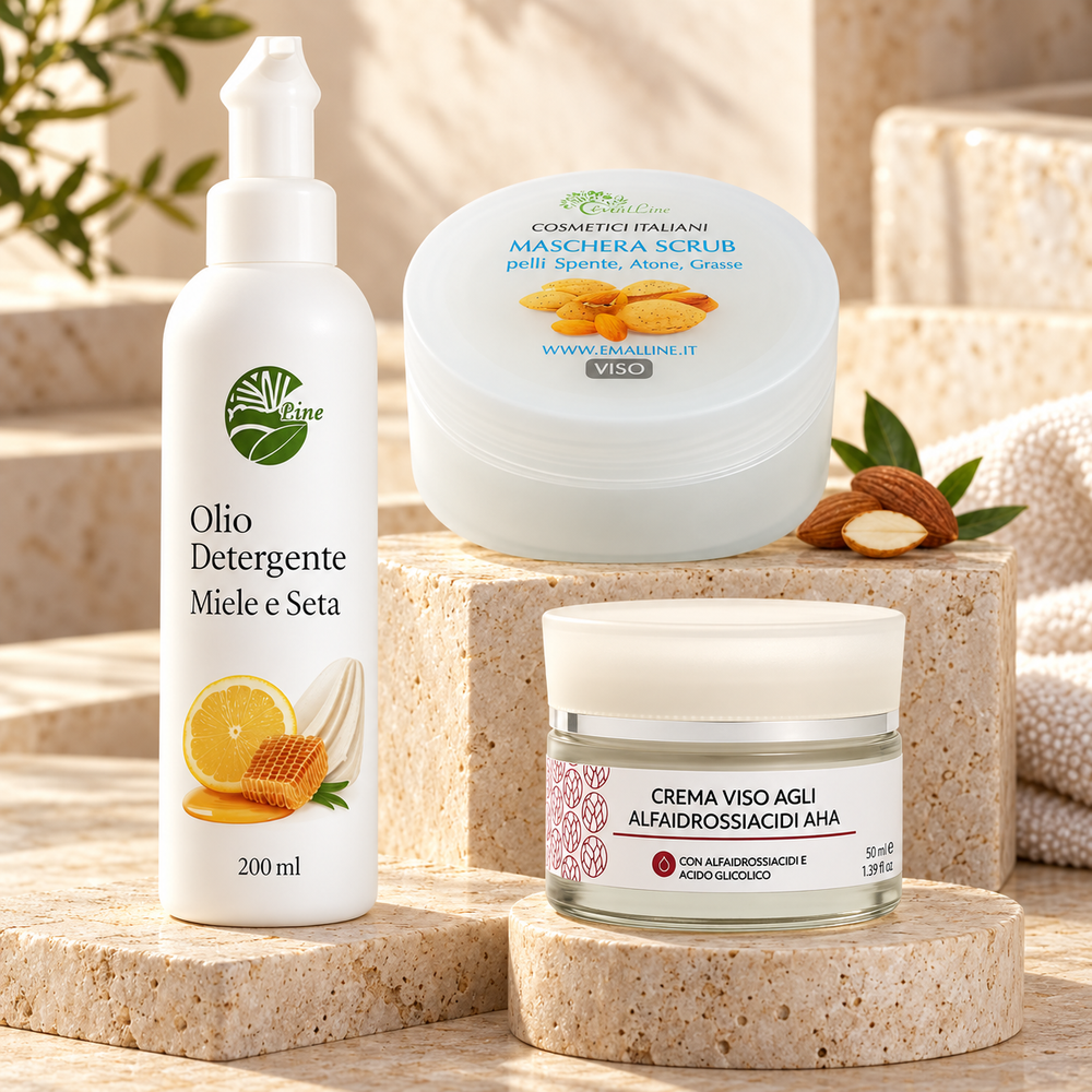 Rituale Rinnova Pelle EmalLine con olio detergente, scrub viso e crema agli alfa-idrossiacidi