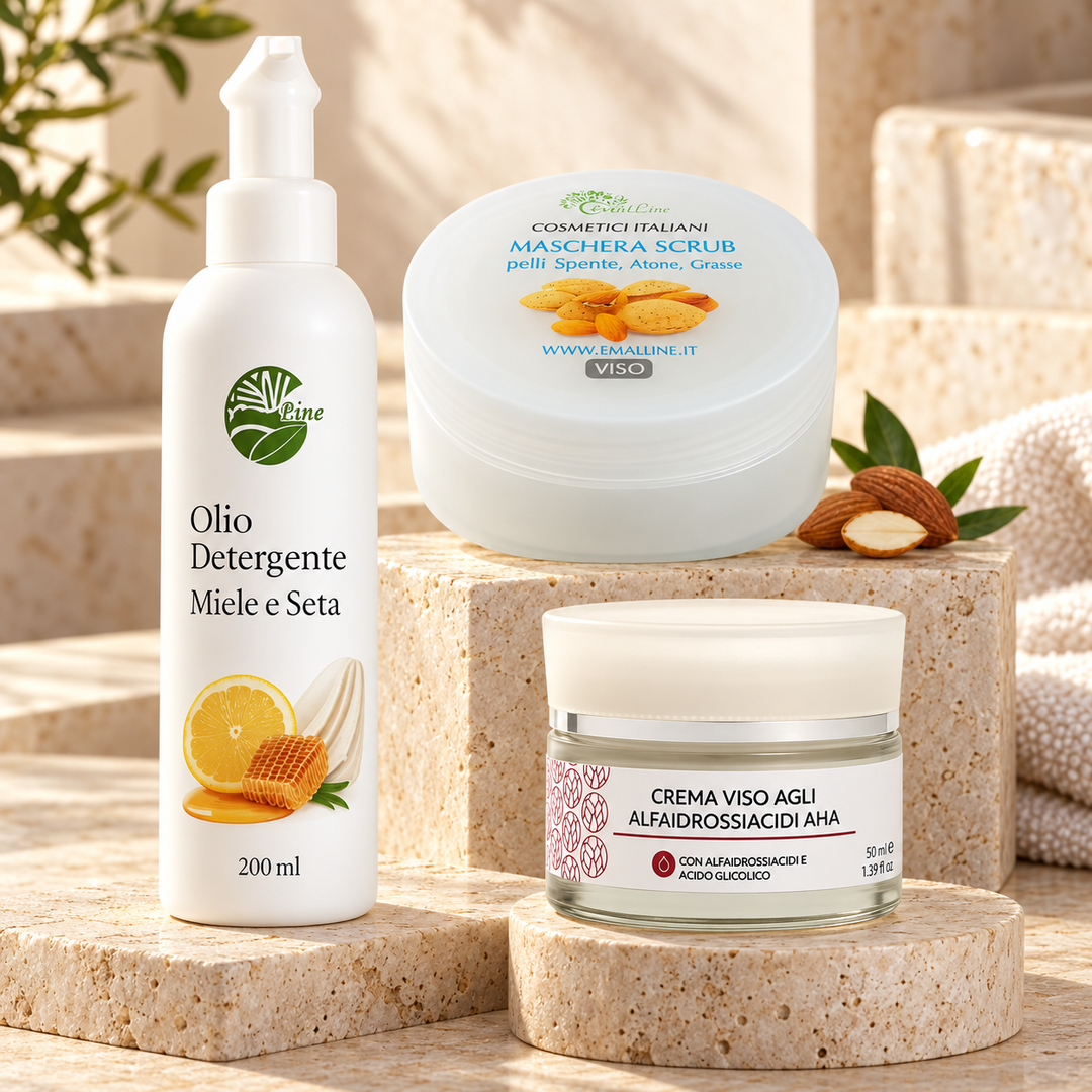 Rituale Rinnova Pelle EmalLine con olio detergente, scrub viso e crema agli alfa-idrossiacidi