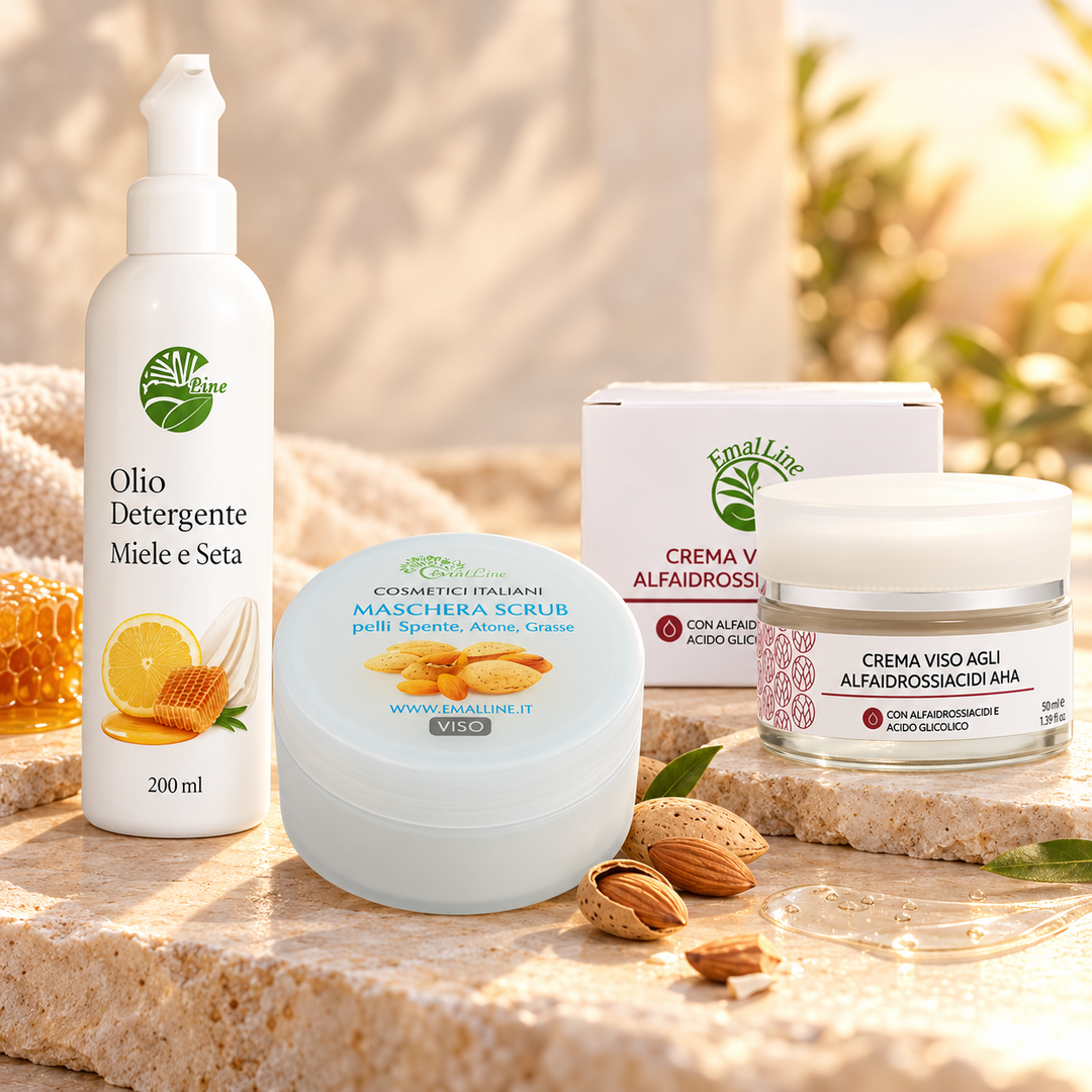 Rituale Rinnova Pelle EmalLine con olio detergente, scrub viso e crema agli alfa-idrossiacidi