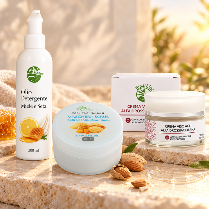 Rituale Rinnova Pelle EmalLine con olio detergente, scrub viso e crema agli alfa-idrossiacidi