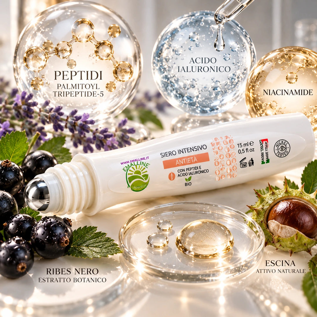 Siero Intensivo Antietà EmalLine roll-on 15 ml con peptidi Palmitoyl Tripeptide-5, niacinamide e acido ialuronico, ambientato con ribes nero, lavanda ed elementi di laboratorio cosmetico.