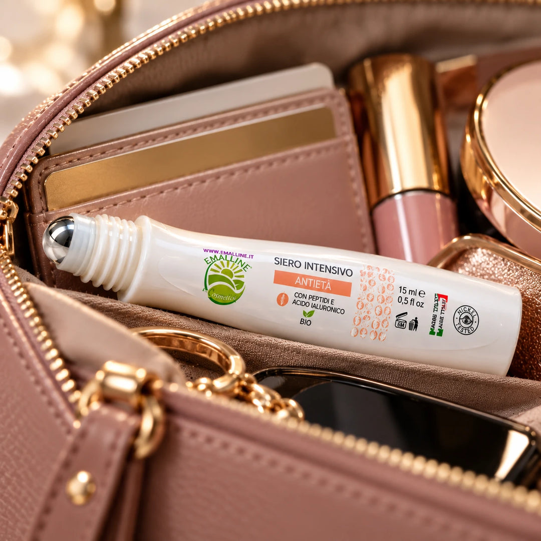 Siero Intensivo Antietà EmalLine roll-on 15 ml con peptidi e acido ialuronico, fotografato in una borsetta elegante con accessori beauty.