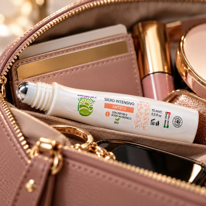 Siero Intensivo Antietà EmalLine roll-on 15 ml con peptidi e acido ialuronico, fotografato in una borsetta elegante con accessori beauty.