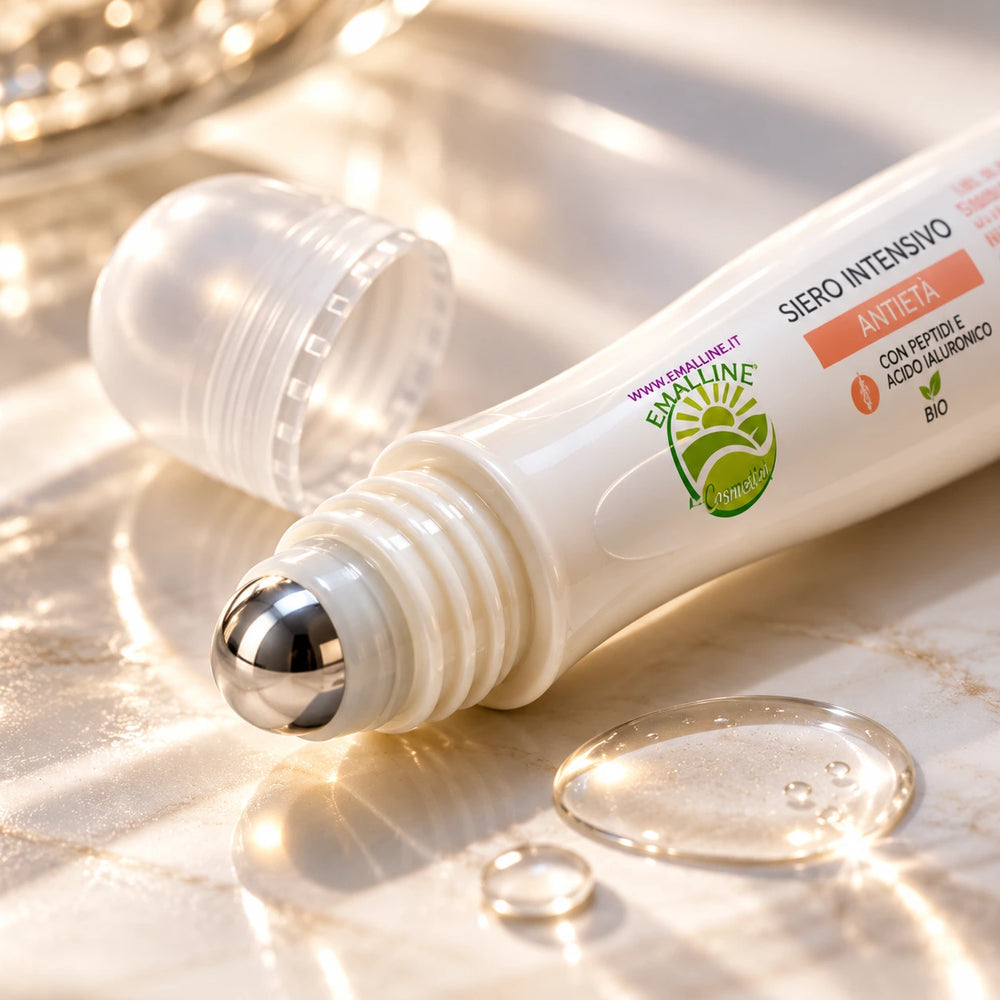 Primo piano dell'applicatore roll-on con sfera metallica del Siero Intensivo Antietà EmalLine con peptidi e acido ialuronico, 15 ml.