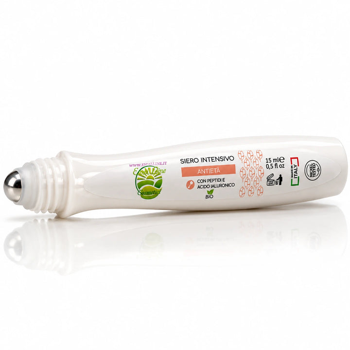 Siero Intensivo Antietà EmalLine 15 ml con peptidi e acido ialuronico, flacone bianco ergonomico con applicatore roll-on metallico scoperto, fotografia su sfondo bianco.
