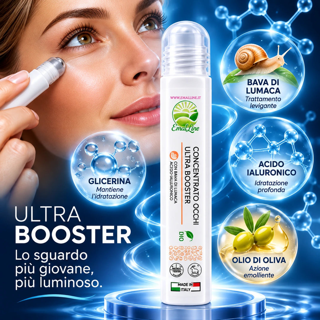 Grafica cosmetica EmalLine Ultra Booster con roll-on contorno occhi, bava di lumaca, acido ialuronico, glicerina e olio di oliva.