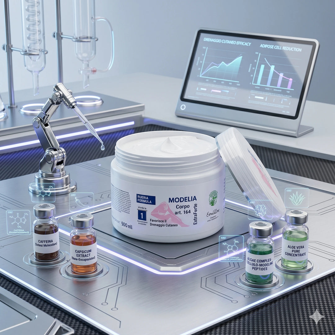 Rappresentazione scientifica in laboratorio della formula Modelia Corpo 164 con estratti di caffeina e capsico per un&