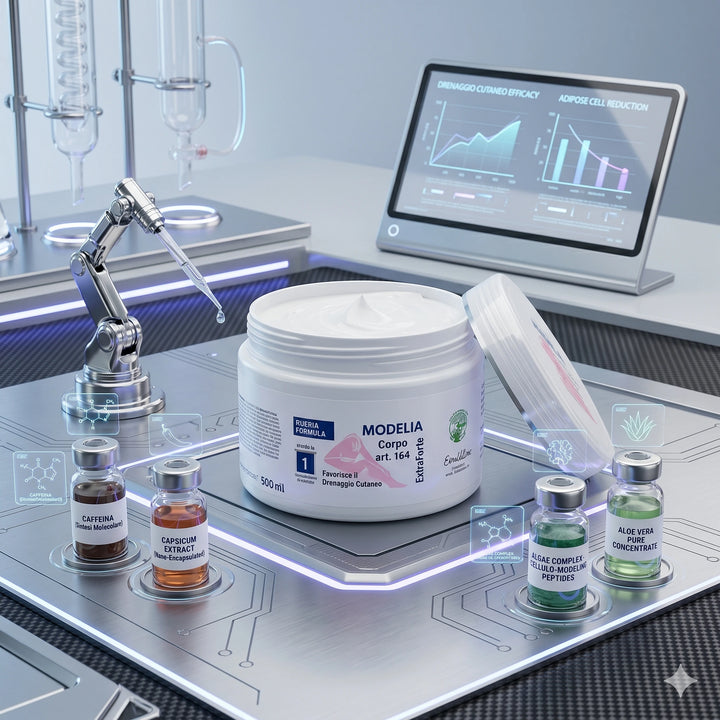 Rappresentazione scientifica in laboratorio della formula Modelia Corpo 164 con estratti di caffeina e capsico per un&