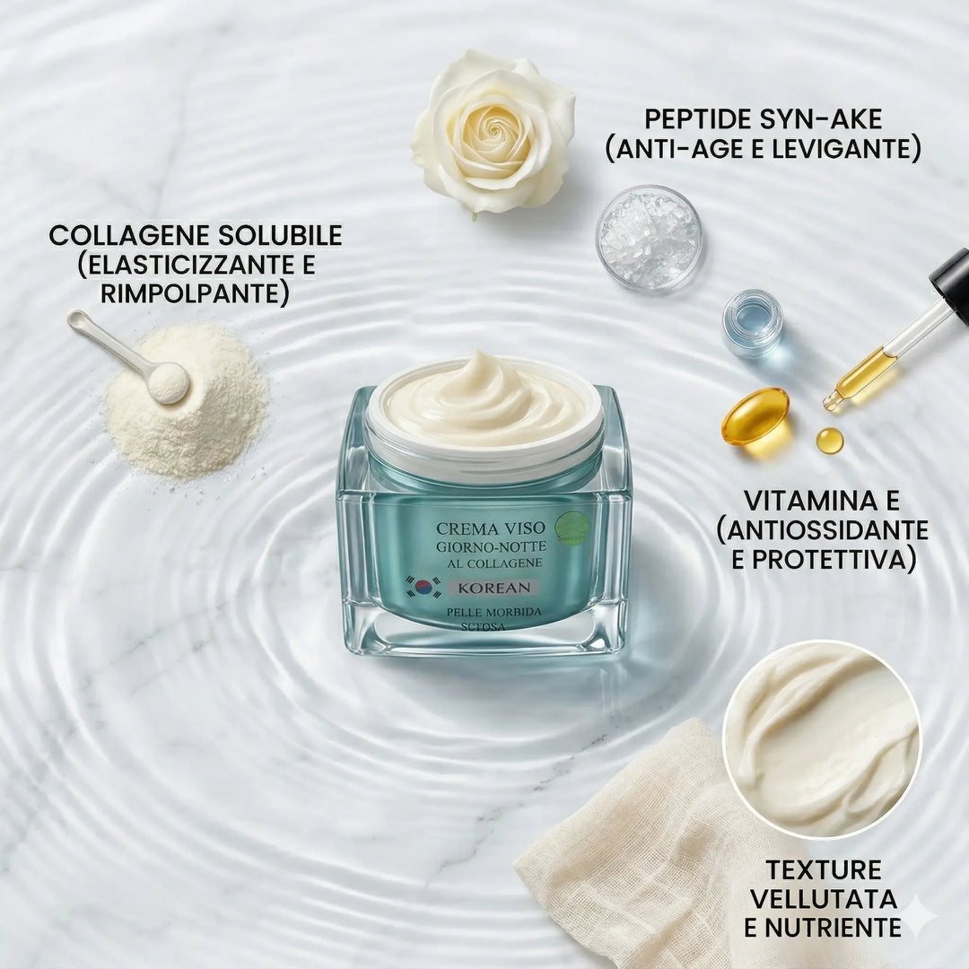 Infografica degli attivi della Korean Cream: Collagene Solubile, Peptide Syn-Ake e Vitamina E.