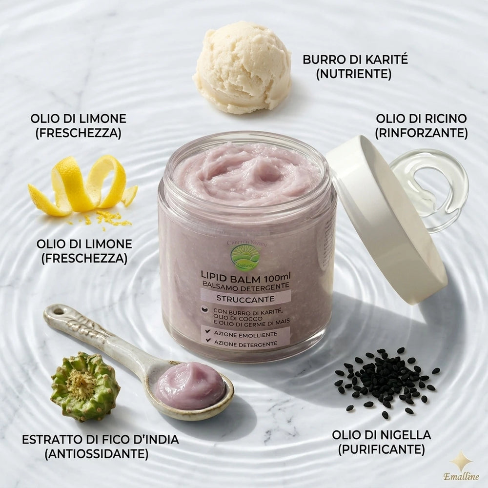 Infografica professionale solida degli ingredienti reali del Lipid Balm Emalline aperta su marmo bianco con onde d'acqua. Al centro il barattolo aperto con etichetta corretta, circondato da burro di karité, semi di nigella, fico d'india e limone. Testi descrittivi delle proprietà nutrienti, purificanti e antiossidanti, e logo Emalline