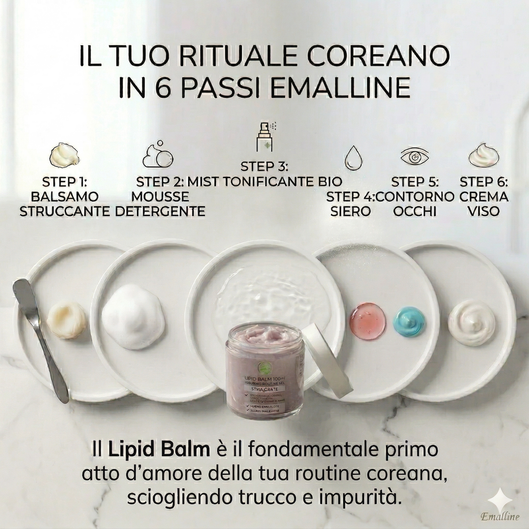 Infografica professionale Emalline dei 6 passi della routine coreana. Al centro il barattolo aperto di Lipid Balm 100ml su marmo bianco. Sopra, l&