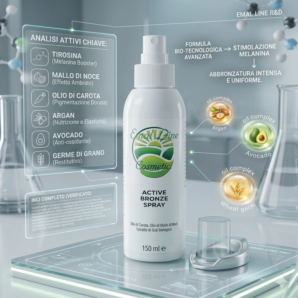 Rappresentazione tecnologica dell'Active Bronze Spray con infografica degli attivi: Olio di Avocado, Carota e Germe di Grano su base hi-tech.