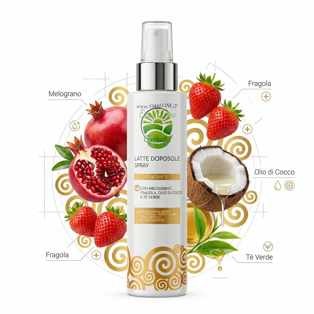 Infografica che mostra gli ingredienti principali del latte doposole spray Emalline Cosmetici: melograno, fragola, olio di cocco e tè verde.