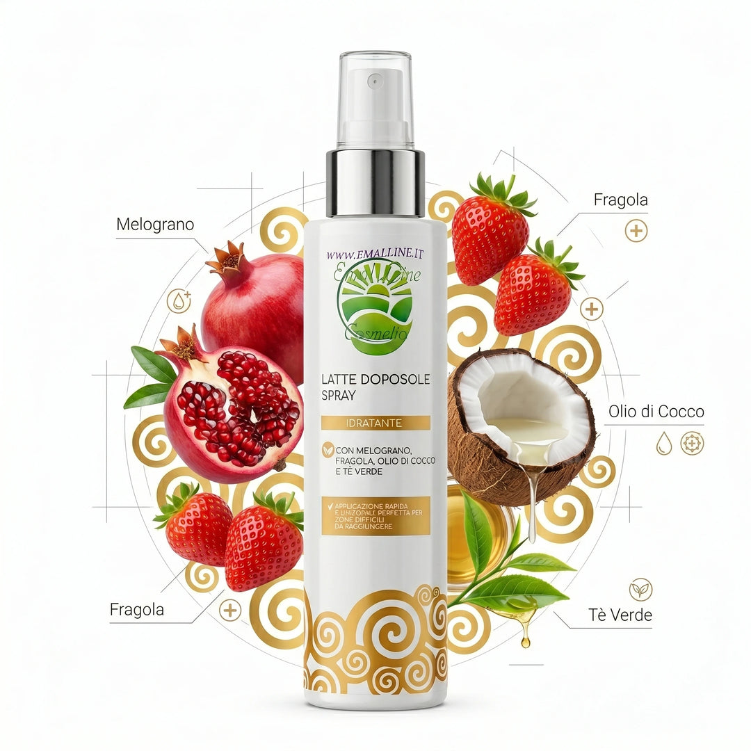 Infografica che mostra gli ingredienti principali del latte doposole spray Emalline Cosmetici: melograno, fragola, olio di cocco e tè verde.