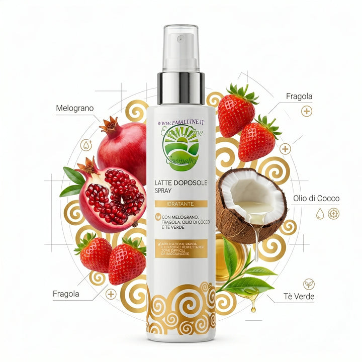 Infografica che mostra gli ingredienti principali del latte doposole spray Emalline Cosmetici: melograno, fragola, olio di cocco e tè verde.