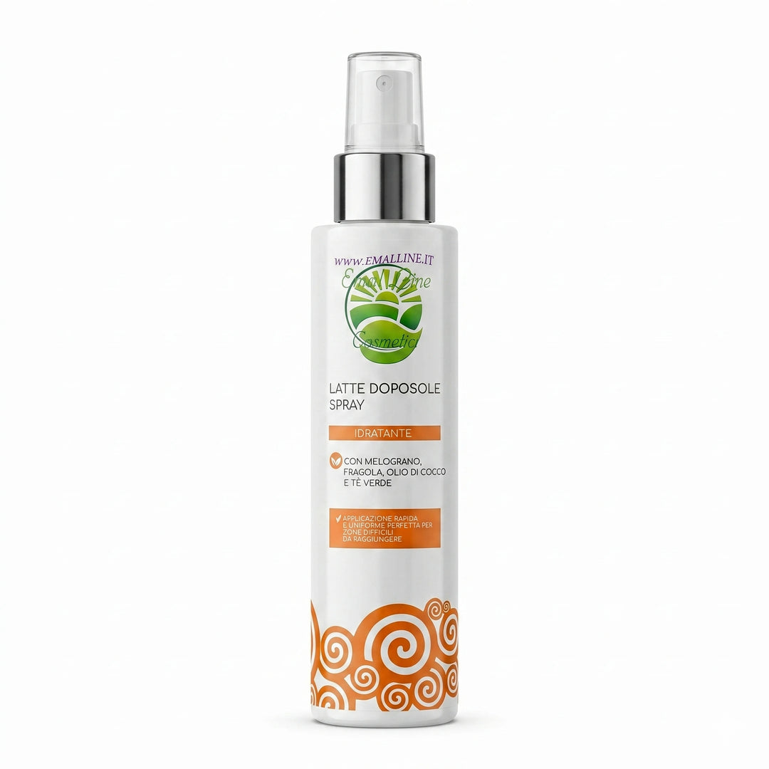 Flacone spray di latte doposole idratante Emalline Cosmetici con melograno, fragola, olio di cocco e tè verde.