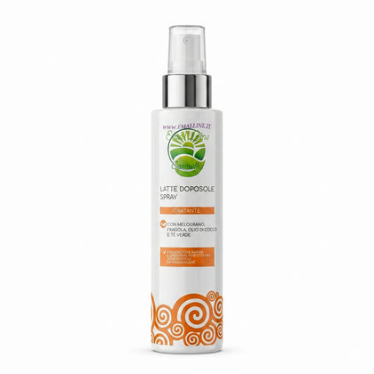Flacone spray di latte doposole idratante Emalline Cosmetici con melograno, fragola, olio di cocco e tè verde.